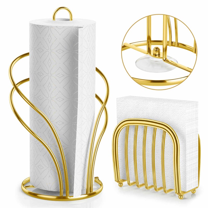 Wuwrll Paper Towel Holder Countertop, Stainless Steel Paper Towel Roll Holder and Paper Napkinholder Set, Standing Paper Towel Roll Holder Stand with Weighted Base Suction Cups (Gold) - Image 1