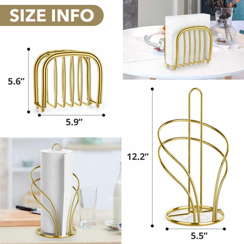 Wuwrll Paper Towel Holder Countertop, Stainless Steel Paper Towel Roll Holder and Paper Napkinholder Set, Standing Paper Towel Roll Holder Stand with Weighted Base Suction Cups (Gold) - Image 2