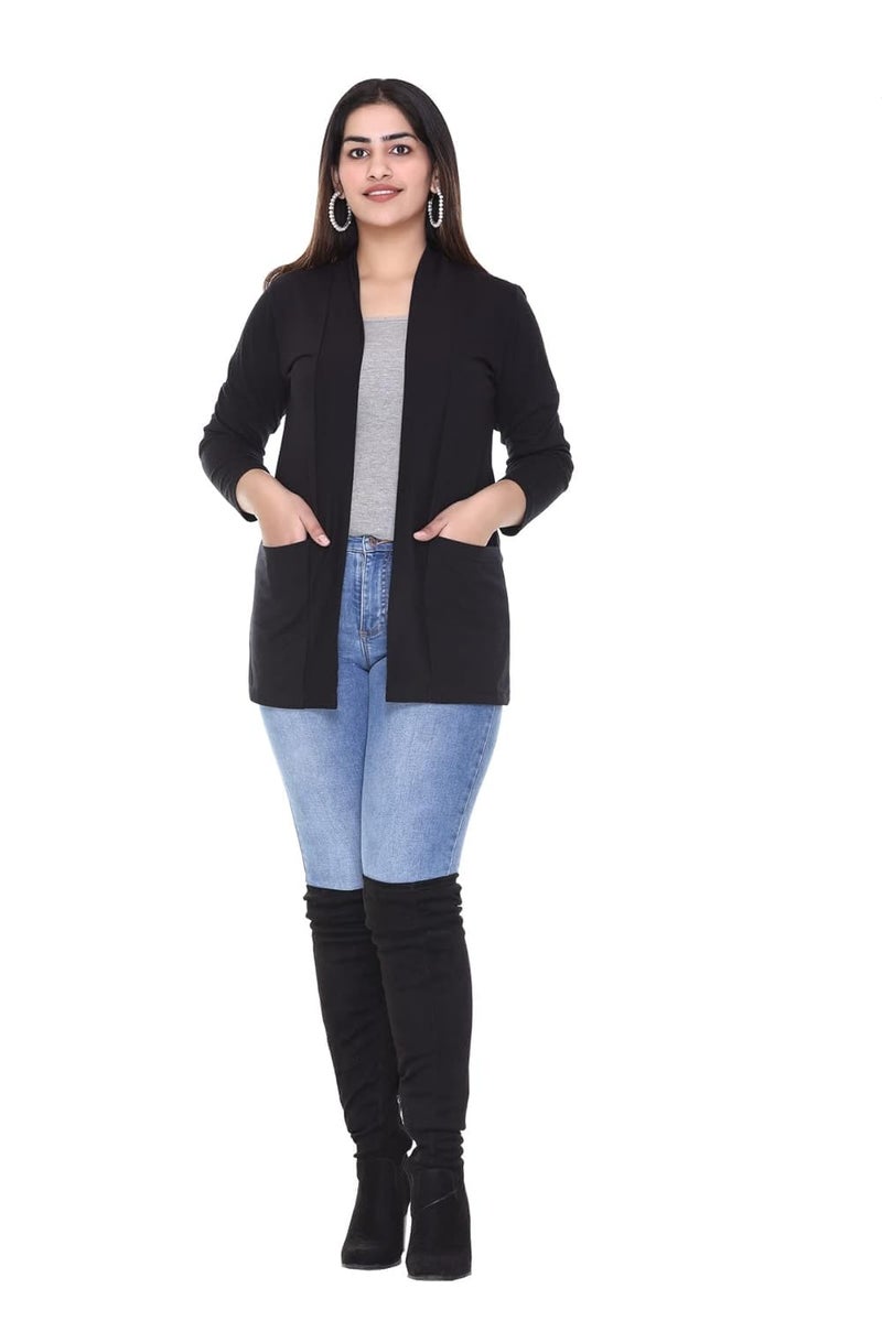 Plush Women's Cotton Waterfall Front Open Regular Mid Length Shurgs | Girls/Ladies Shrug with Front Pockets (PWT-15) (Black, Small), Shawl Collar - Image 3