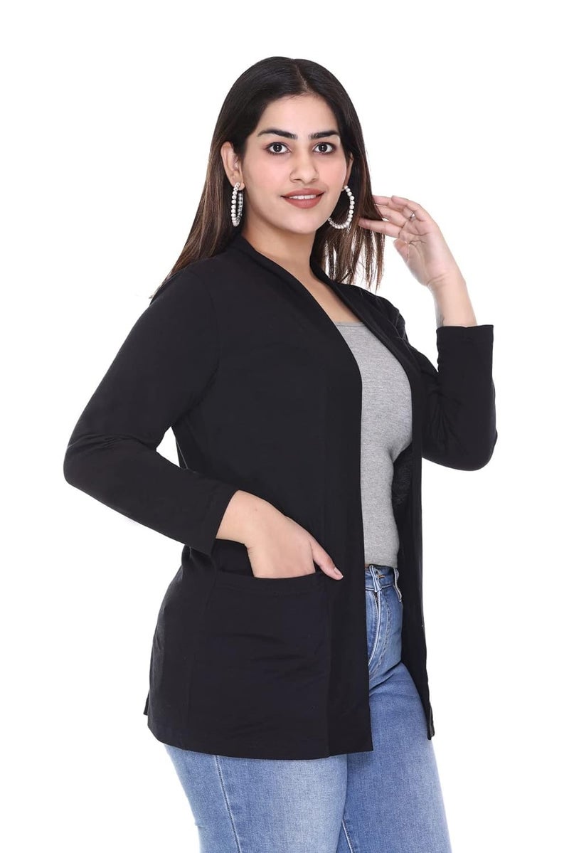 Plush Women's Cotton Waterfall Front Open Regular Mid Length Shurgs | Girls/Ladies Shrug with Front Pockets (PWT-15) (Black, Small), Shawl Collar - Image 5