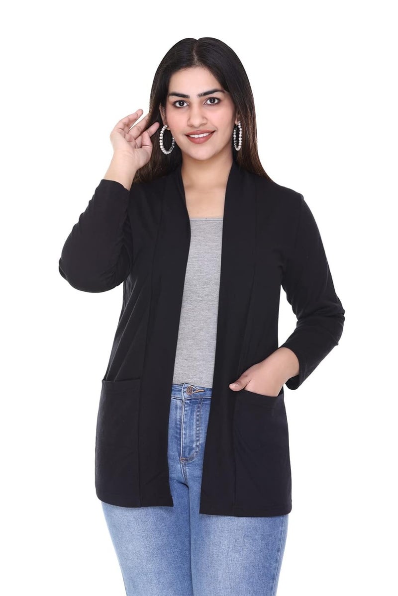 Plush Women's Cotton Waterfall Front Open Regular Mid Length Shurgs | Girls/Ladies Shrug with Front Pockets (PWT-15) (Black, Small), Shawl Collar - Image 1