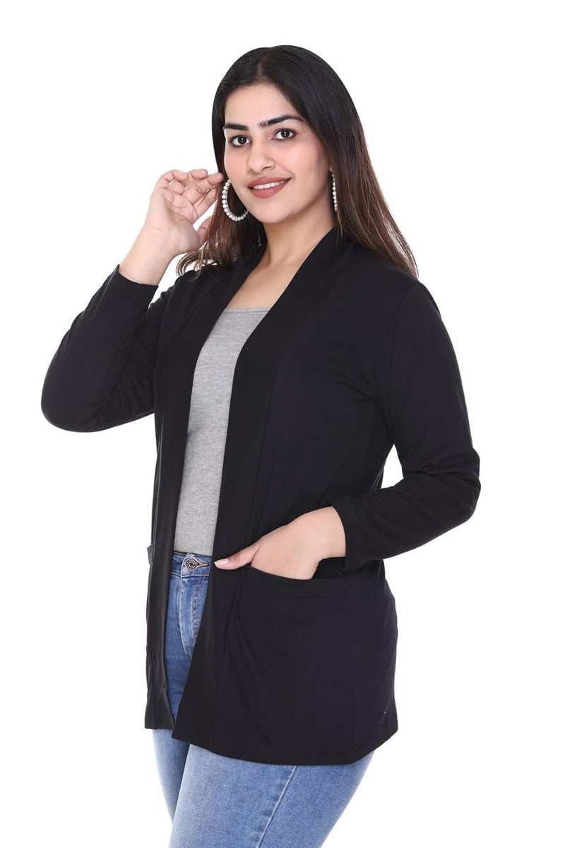 Plush Women's Cotton Waterfall Front Open Regular Mid Length Shurgs | Girls/Ladies Shrug with Front Pockets (PWT-15) (Black, Small), Shawl Collar - Image 4