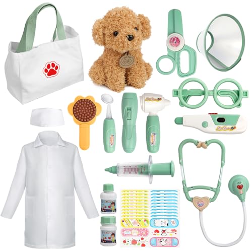 Liberry Doctor Kit for Toddlers 3 4 5 6 Years Old 26 Pcs Kids Doctor Playset with Dog Toy Stethoscope and Dress Up Costume Pretend Play Medical Gift for Boys Girls Green - Image 1