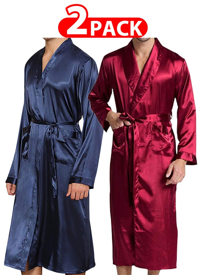 MARGOUN 2 Pack Men's Medium Size Dressing Gown Kimono Robe Lightweight Silk Long Sleeved Home Sleepwear Loungewear /(Length 45''/Chest 24'')