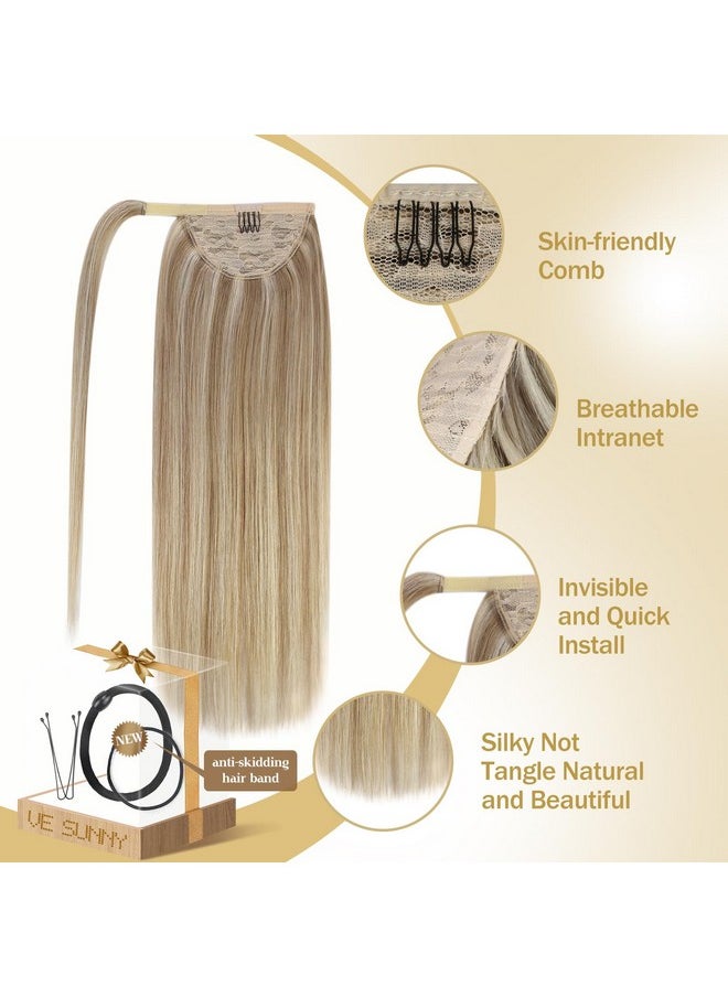 Ve Sunny Human Hair Ponytail Blonde Ponytail Extension Real Human Hair Light Blonde Mix Golden Blonde Real Hair Ponytail Extension Highlights Blonde Clip In Ponytail Hair Extensions 80G 16Inch  - Image 2