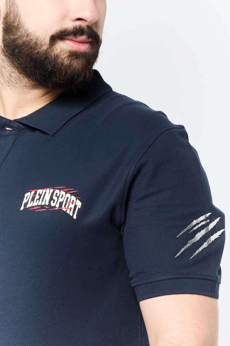 PHILIPP PLEIN Plein Sport Men Sportswear Fit Short Sleeves Outdoor Polo Shirt, Navy - Image 3