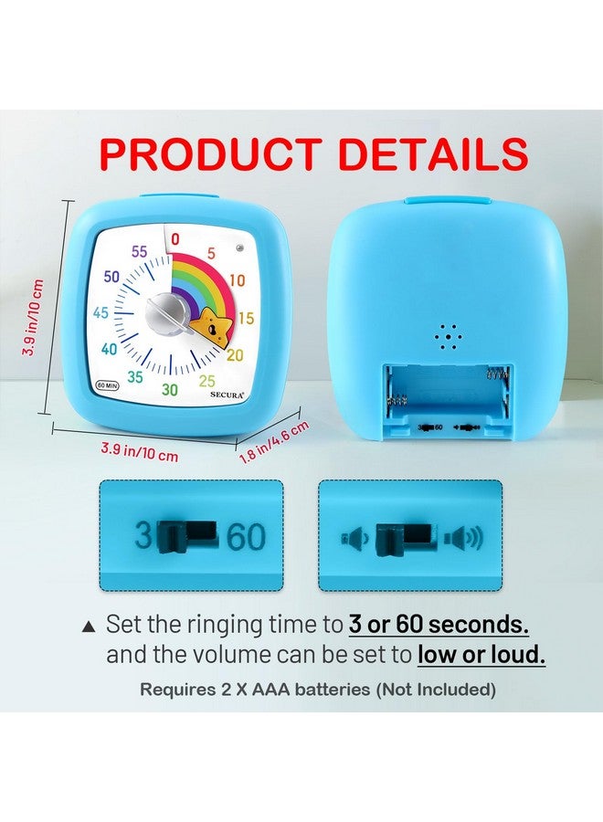Secura ساعة توقيت بصرية سريعة 60 دقيقة، ساعة دراسة صامتة للأطفال والبالغين، ساعات، مؤقت العد التنازلي لإدارة الوقت للتعليم (أزرق ونجمة) - Image 4