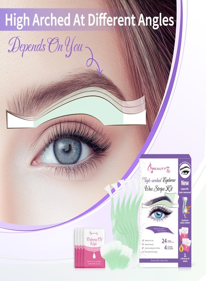 Beauty7 شرائح شمع الحواجب عالية القوس من بيتي7، شرائح إزالة شعر الحواجب - 24 قطعة شريط + 4 مناديل زيت مهدئ، لإزالة شعر الوجه، مثالية لجميع أنواع البشرة للنساء - Image 2