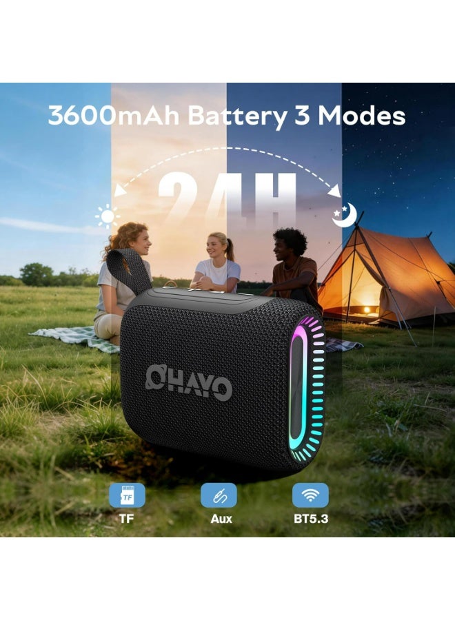 OHAYO Small Portable Bluetooth Speaker, 15W Loud Deep Bass(BT5.3/Aux/TF) & 3 RGB Lights, 24h Long Playtime,TWS Stereo Pairing, IPX7 Waterproof Wireless Speaker For Shower/Beach/Camping, Built-In Mic - Image 3