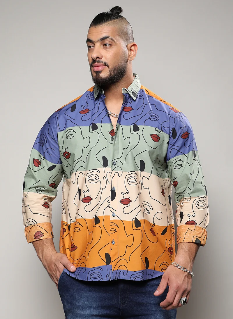 Instafab Plus Instafab Plus Men's Multicolour Face Line Shirt For Casual Wear | Spread Collar | Long Sleeve | Button Closure | Cotton Shirts Crafted With Comfort Fit For Everyday Wear