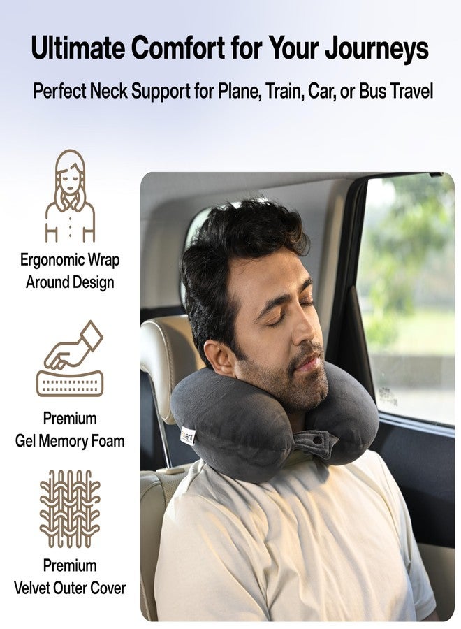 FOVERA Memory Foam Neck Rest Pillow for Neck Support, Travel Pillow for Resting in Flight, Car, Train and Bus (Velvet Dark Grey, Pack of 1) - Image 3