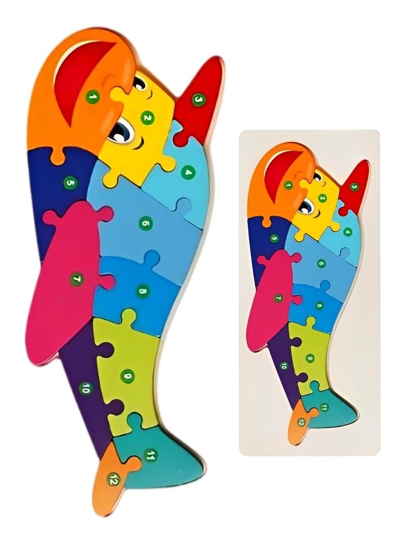 Wooden 3D Puzzles Sensory Cognition, Teacher Parents Early Learning Support Tools, Attractive Colors and Patterns, Montessori Fine Motor Skill Development Toys, Ideal Kids Gift (Dolphin Shape)