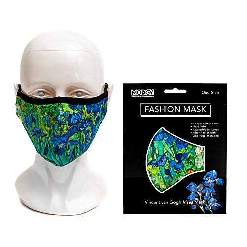 MODGY Fashion Mask 3-Layer Cloth Face Masks with Filter Pocket Insert, Nose Wire, Adjustable Ear Loops, Breathable, Reusable, Washable, Women, Men, Adults, Van Gogh Irises - Image 5