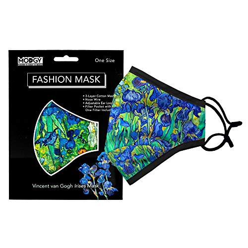 MODGY Fashion Mask 3-Layer Cloth Face Masks with Filter Pocket Insert, Nose Wire, Adjustable Ear Loops, Breathable, Reusable, Washable, Women, Men, Adults, Van Gogh Irises - Image 1