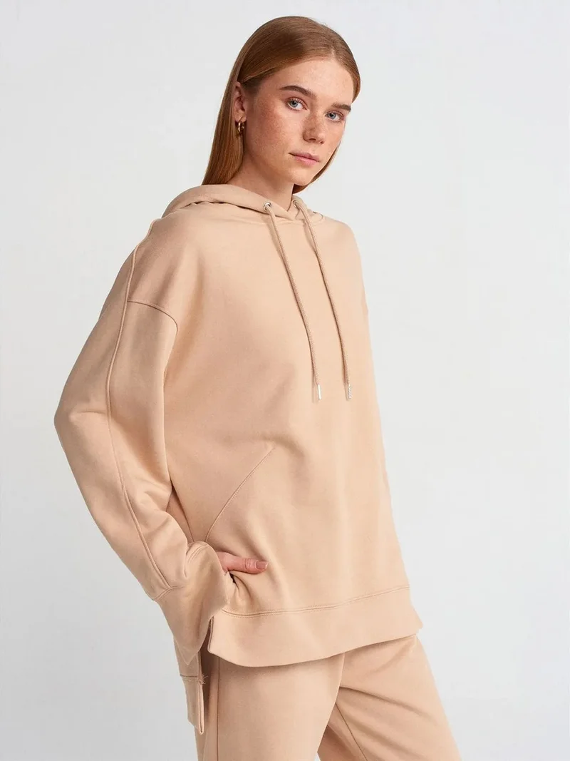 ديلفين Dilvin Oversized Cotton Hooded Sweatshirt With Slit
