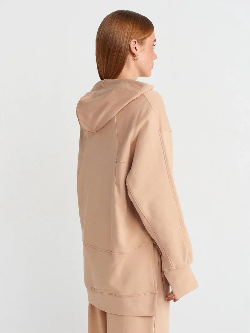 ديلفين Dilvin Oversized Cotton Hooded Sweatshirt With Slit