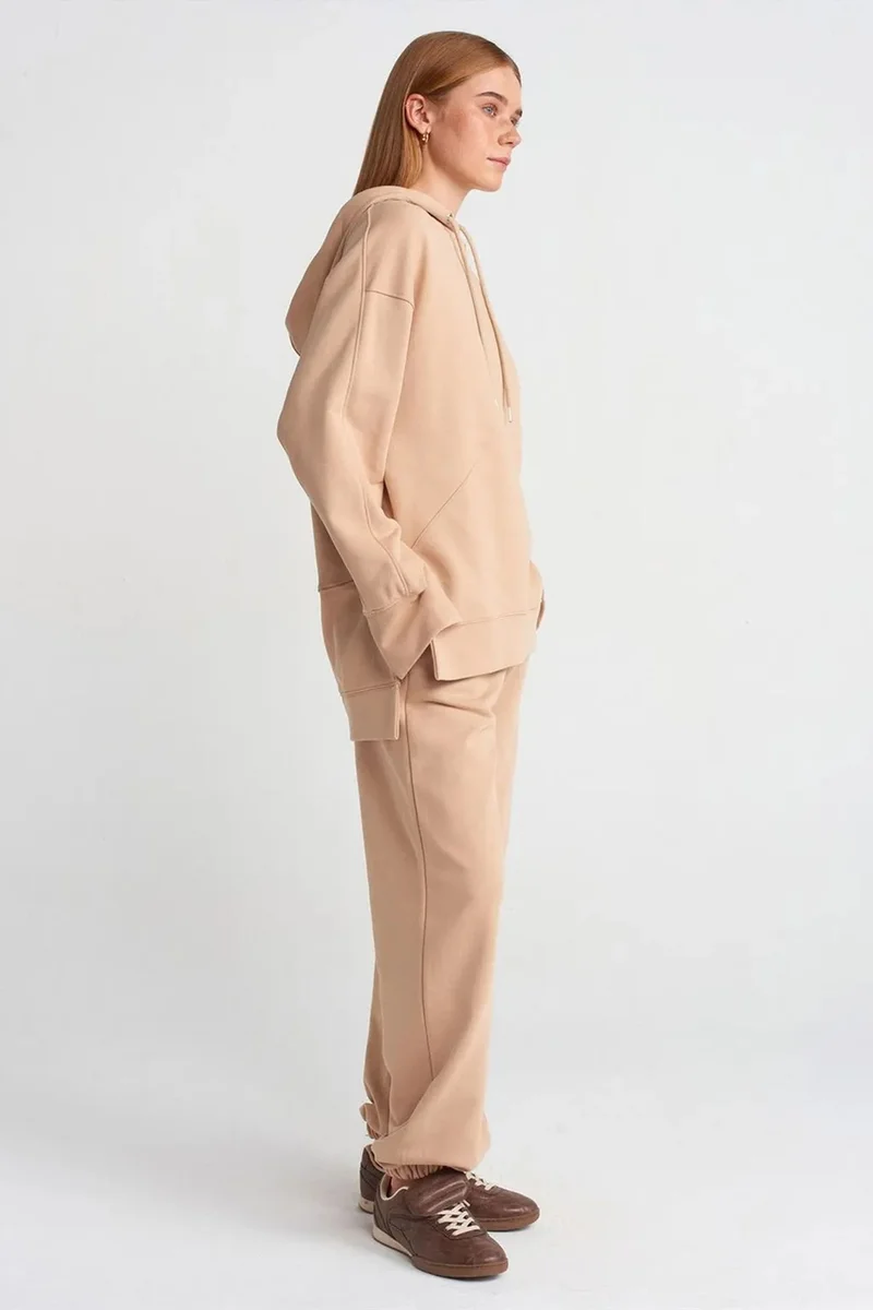 Dilvin Beige Natural DILVIN Oversized Cotton Hooded Sweatshirt With Slit for Women | Best Price UAE