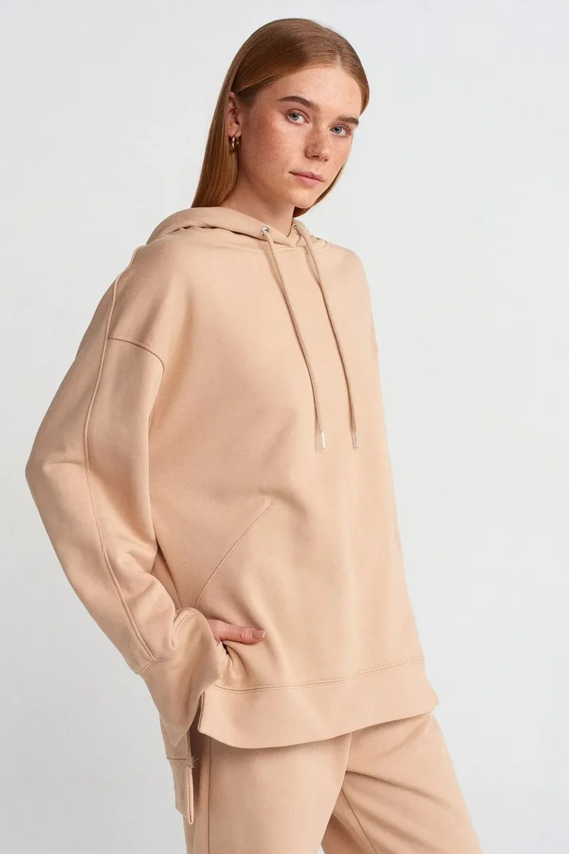 DILVIN Oversized Cotton Hooded Sweatshirt With Slit