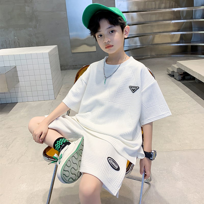 Summer Boys Outfit 2023 New Short Sleeve Top Capri Pants Set White 