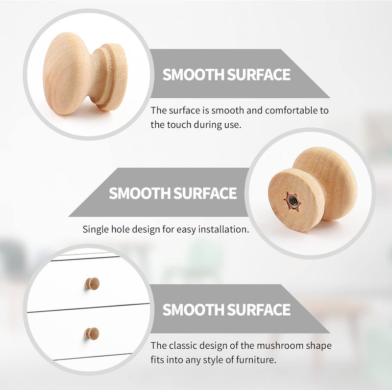 12 Pack Unfinished Wooden Drawer Knobs, 25mm Mushroom Shape Cabinet Knobs with Screws, Natural Wood Pull Handles for Drawers, Cupboards, Cabinets, Dressers, Wardrobes & DIY Furniture Projects - Image 3