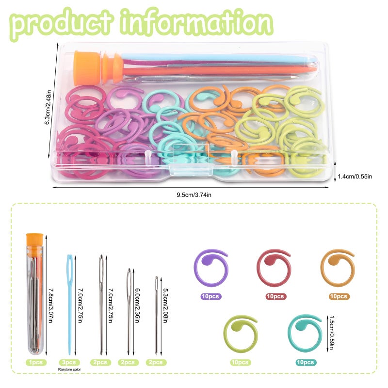 Lokunn 50 Pcs Metal Stitch Markers, 5 Color Helical-Shaped Crochet Markers Ring, 9 Pcs Large Eye Blunt Sewing Needles with Storage Box for DIY and Craft Sewing - Image 2