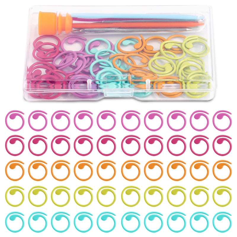 Lokunn 50 Pcs Metal Stitch Markers, 5 Color Helical-Shaped Crochet Markers Ring, 9 Pcs Large Eye Blunt Sewing Needles with Storage Box for DIY and Craft Sewing - Image 1