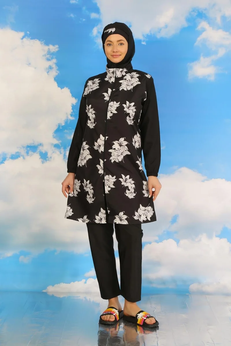 اكبينيز Women's Patterned Full Hijab Swimsuit with Trousers Black 31070