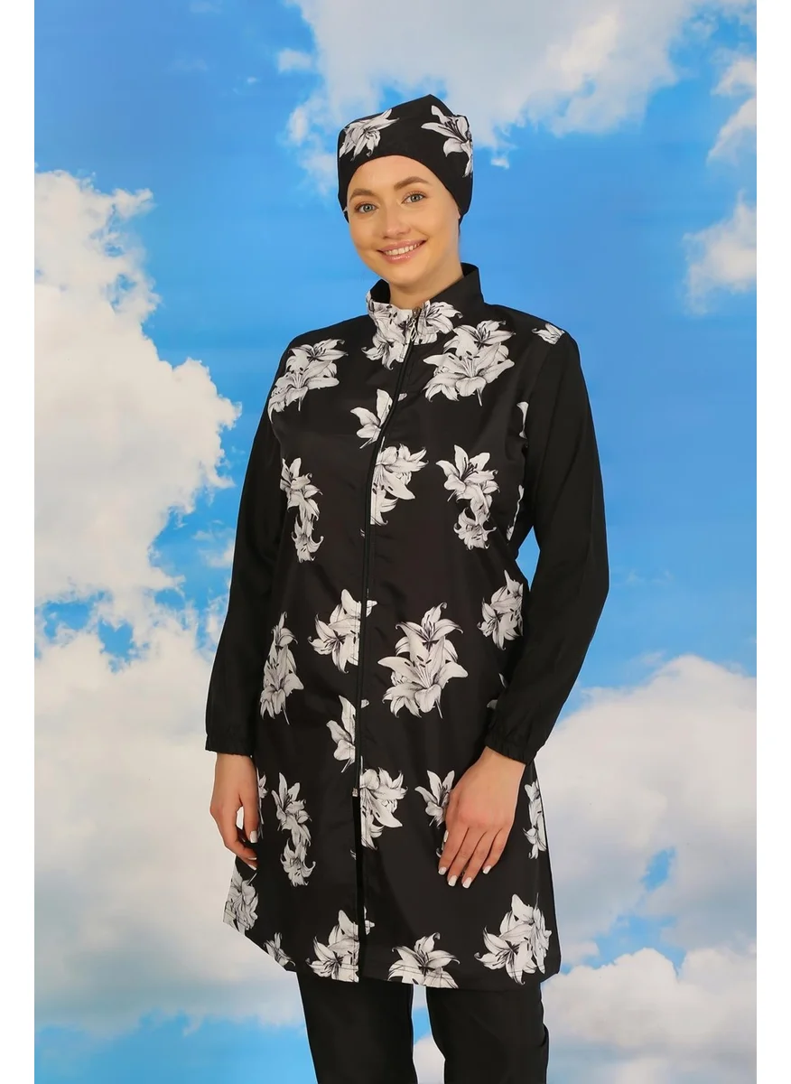 اكبينيز Women's Patterned Full Hijab Swimsuit with Trousers Black 31070