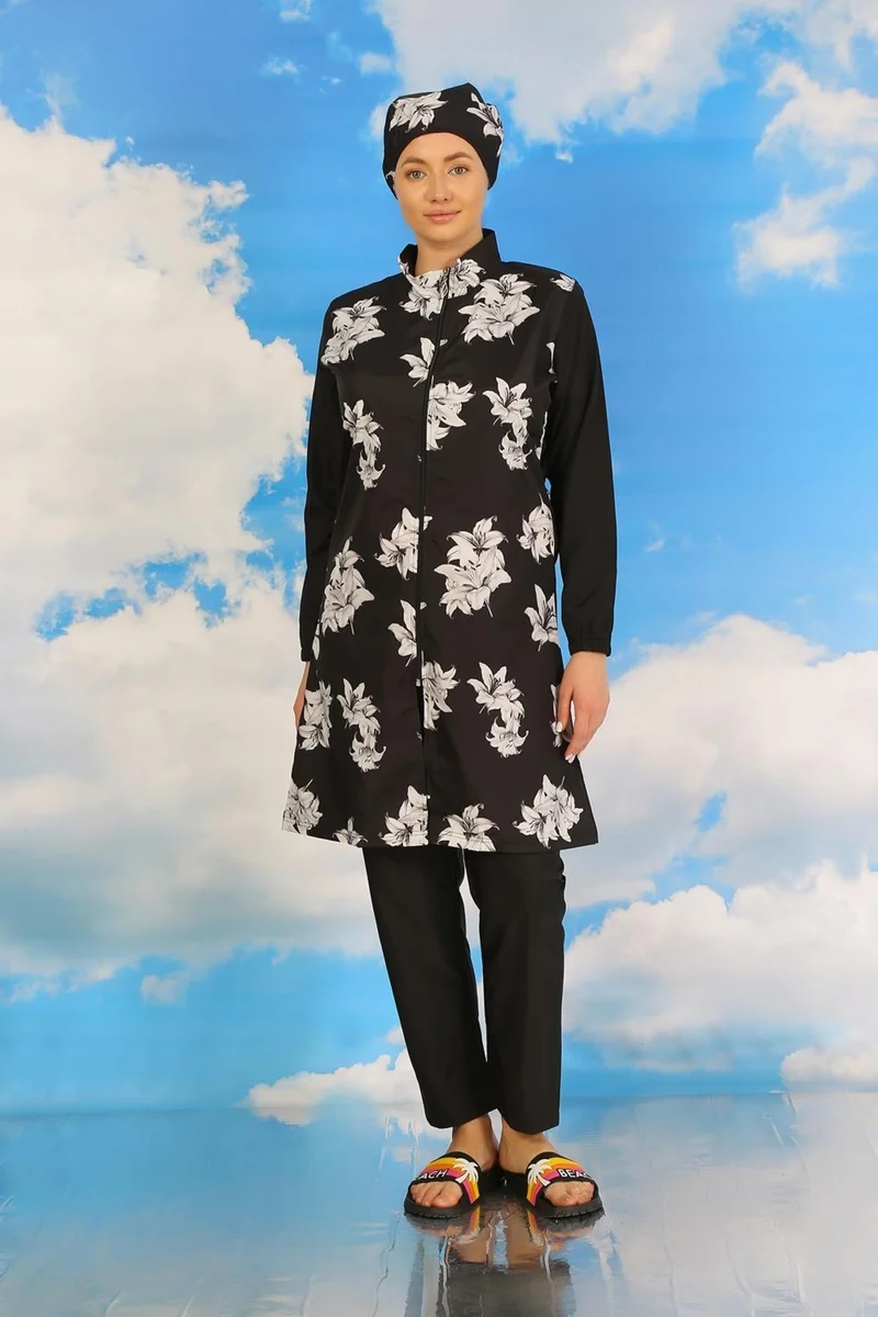 اكبينيز Women's Patterned Full Hijab Swimsuit with Trousers Black 31070