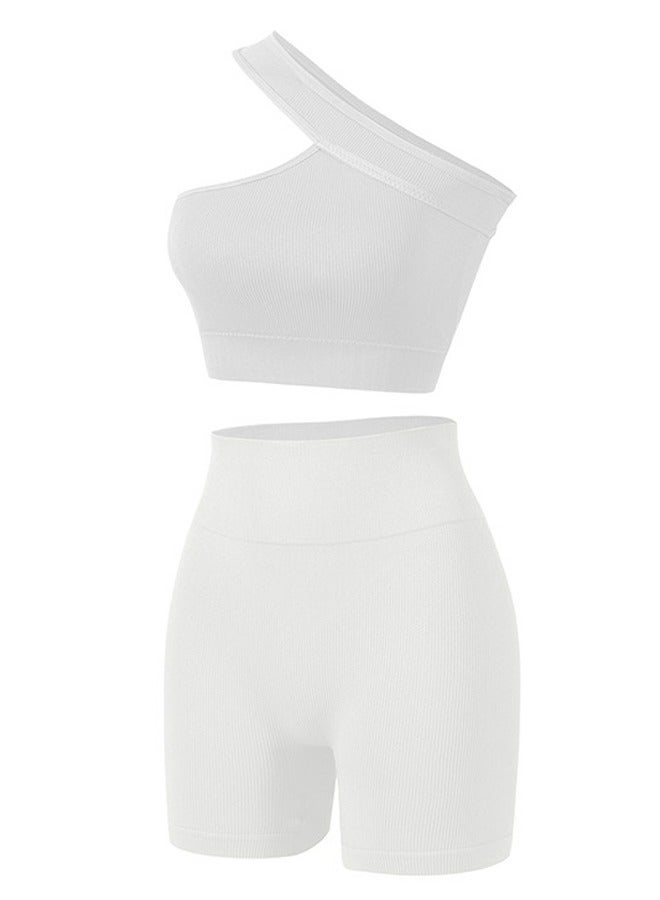 Loquat Women's Solid Color Sport Fitness Lingerie Set 2-piece Seamless Wireless Sloping Shoulders Vest+High Waist Boxer Briefs Sport Suit White 