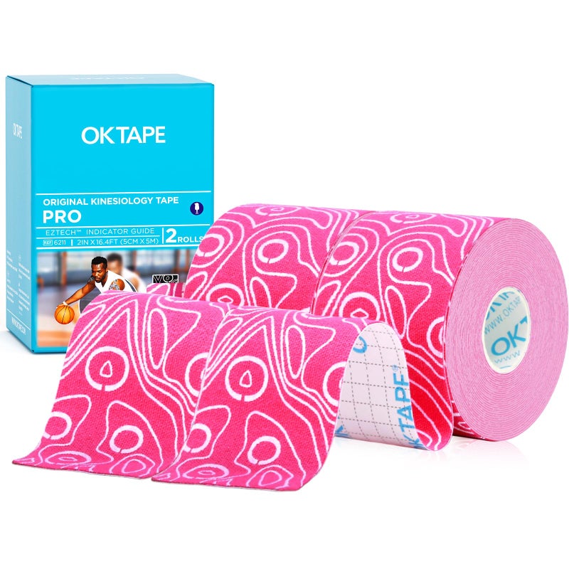شريط كينيسيو OK TAPE PRO 2 بوصة × لفة طويلة 16 قدم شريط مرن رياضي شريط علاجي خالي من اللاتكس 2 لفة وردي وأبيض
