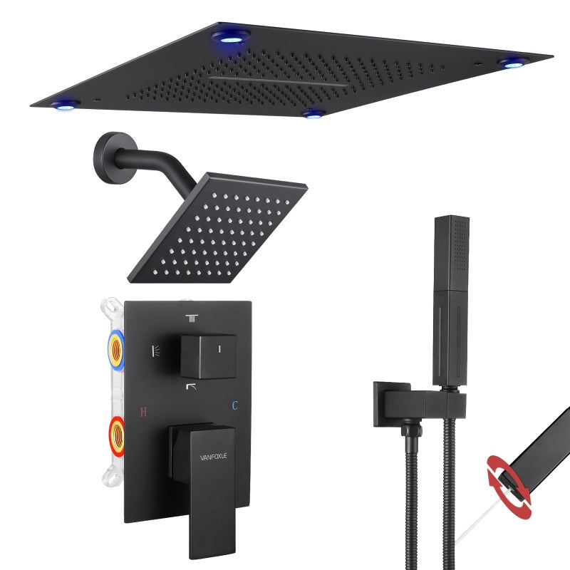 VANFOXLE Shower Faucet Set Matte Black Four Modes Shower SystemShower Faucet with 2 in 1 HandheldCeiling Mount 16 Inch LED Shower HeadRain and Waterfall6 Inch Shower Head