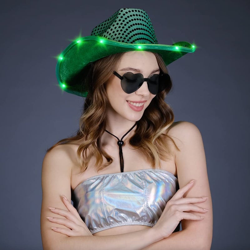 Funcredible Green LED Cowboy Hat & Heart Glasses â€“ Cowboy Hats for Women and Men for Festivals & Concerts - Light Up Sequins Cowgirl Costume Accessory Set for Adults - Image 4
