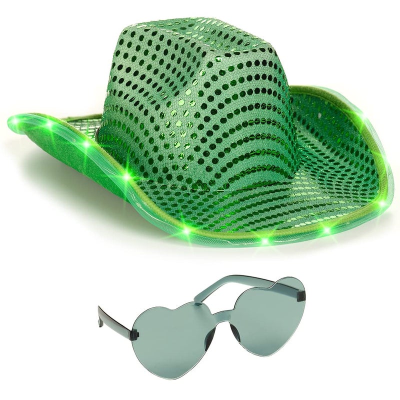 Funcredible Green LED Cowboy Hat & Heart Glasses â€“ Cowboy Hats for Women and Men for Festivals & Concerts - Light Up Sequins Cowgirl Costume Accessory Set for Adults - Image 1