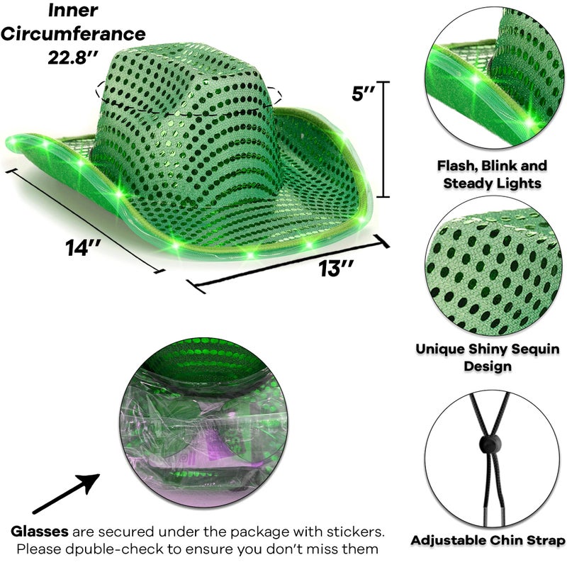 Funcredible Green LED Cowboy Hat & Heart Glasses â€“ Cowboy Hats for Women and Men for Festivals & Concerts - Light Up Sequins Cowgirl Costume Accessory Set for Adults - Image 2