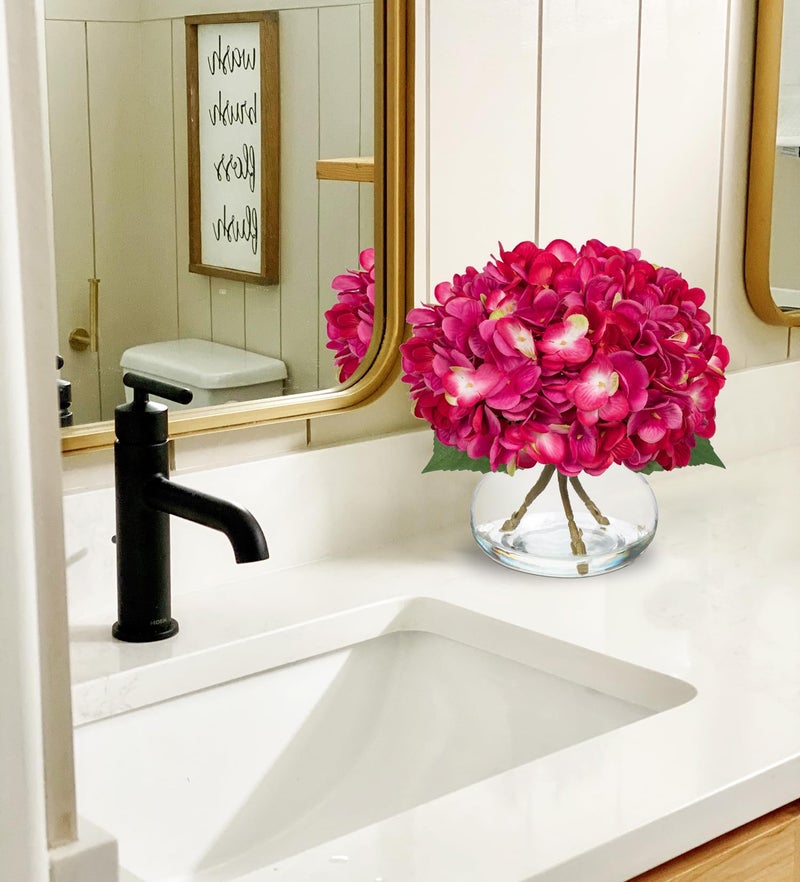 Hollyone Hydrangea Artificial Flowers with Glass Vase Fuchsia Silk Faux Flowers Arrangements in Vase with Faux Water Fake Floral Bulk Bouquet for Home Decor Table Centerpiece Decorations - Image 3