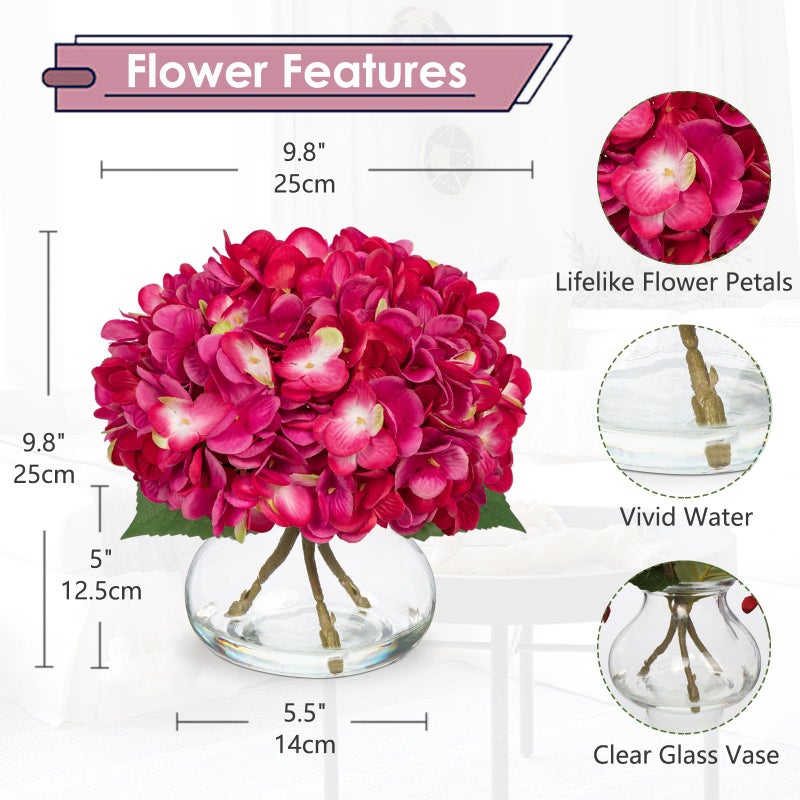 Hollyone Hydrangea Artificial Flowers with Glass Vase Fuchsia Silk Faux Flowers Arrangements in Vase with Faux Water Fake Floral Bulk Bouquet for Home Decor Table Centerpiece Decorations - Image 2