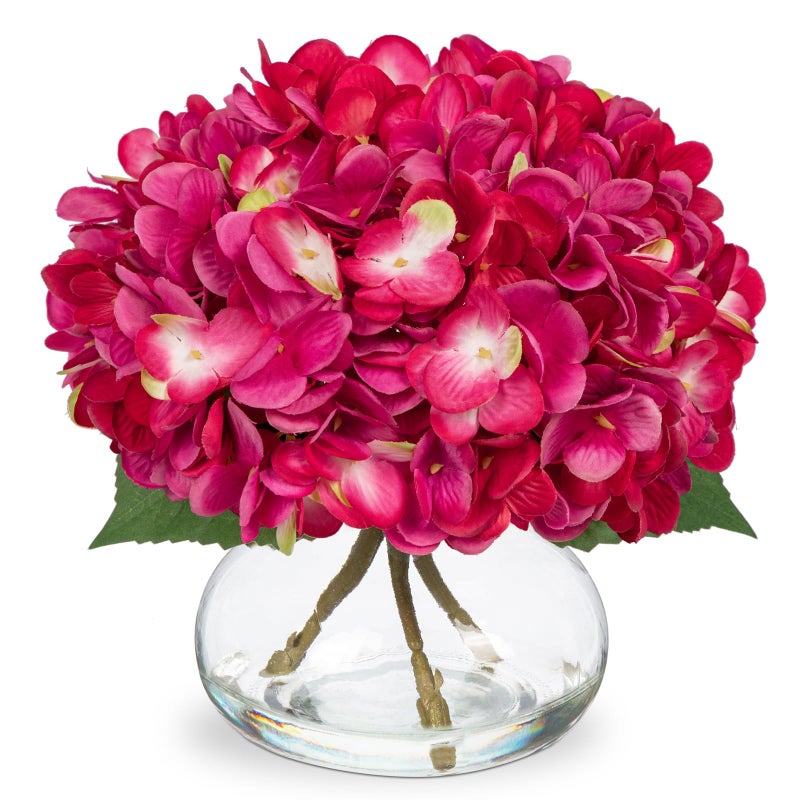 Hollyone Hydrangea Artificial Flowers with Glass Vase Fuchsia Silk Faux Flowers Arrangements in Vase with Faux Water Fake Floral Bulk Bouquet for Home Decor Table Centerpiece Decorations - Image 1