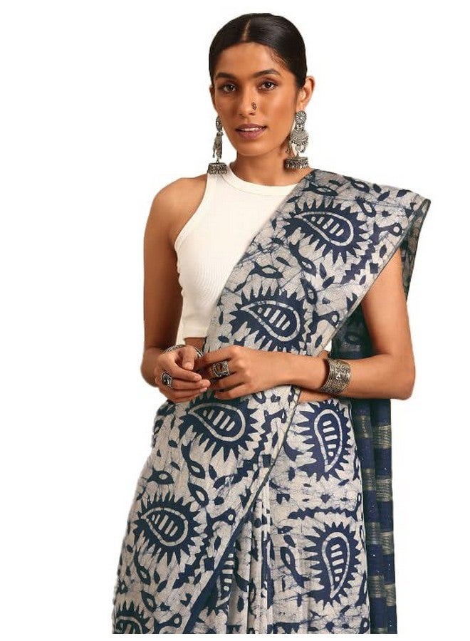 NK Textiles Women's Paisley Batik Block Print Navy Blue Colored Soft Mul Mul Cotton Saree with Blouse (3 DESIGNS) - Image 1