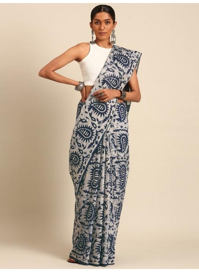 NK Textiles Women's Paisley Batik Block Print Navy Blue Colored Soft Mul Mul Cotton Saree with Blouse (3 DESIGNS) - Image 4
