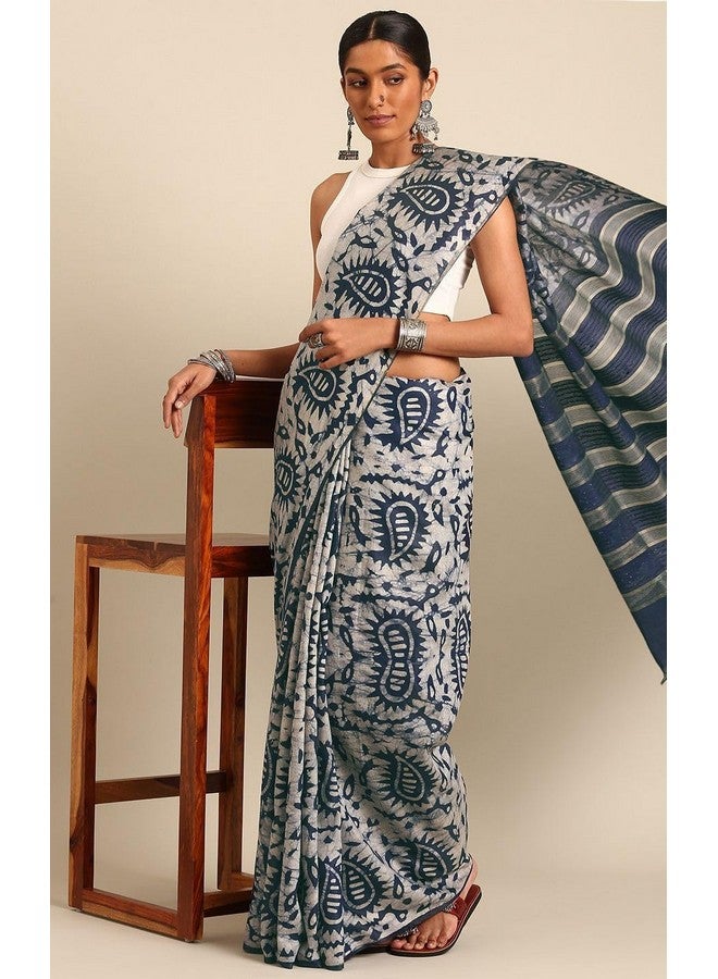 NK Textiles Women's Paisley Batik Block Print Navy Blue Colored Soft Mul Mul Cotton Saree with Blouse (3 DESIGNS) - Image 2