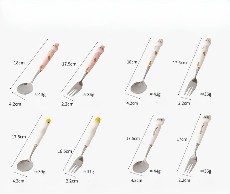 (8 Pieces) 6.69 Inch Cartoon Ceramic Stainless Steel Spoon Fork Cute Duck Stainless Steel Spoon Dessert Spoon Home Coffee Tea Spoon Fruit Fork (White cat) - Image 2