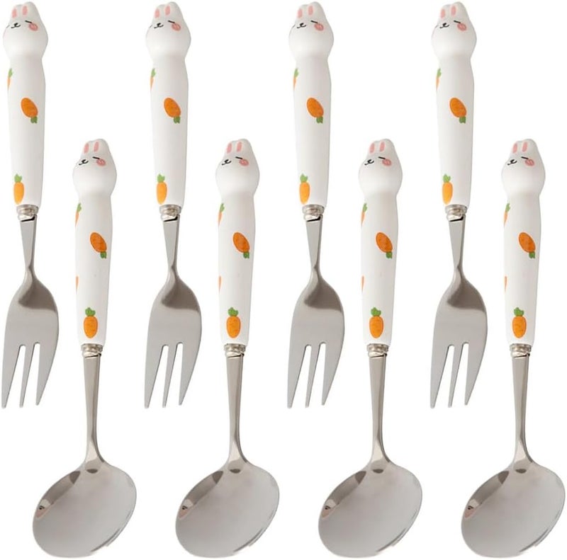 (8 Pieces) 6.69 Inch Cartoon Ceramic Stainless Steel Spoon Fork Cute Duck Stainless Steel Spoon Dessert Spoon Home Coffee Tea Spoon Fruit Fork (White cat) - Image 1
