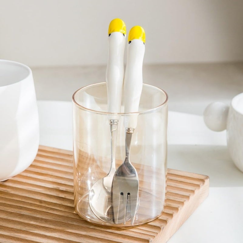 (8 Pieces) 6.69 Inch Cartoon Ceramic Stainless Steel Spoon Fork Cute Duck Stainless Steel Spoon Dessert Spoon Home Coffee Tea Spoon Fruit Fork (White cat) - Image 5