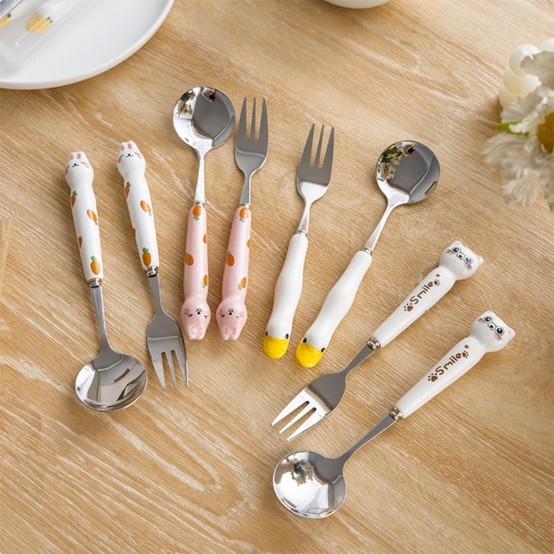 (8 Pieces) 6.69 Inch Cartoon Ceramic Stainless Steel Spoon Fork Cute Duck Stainless Steel Spoon Dessert Spoon Home Coffee Tea Spoon Fruit Fork (White cat) - Image 3
