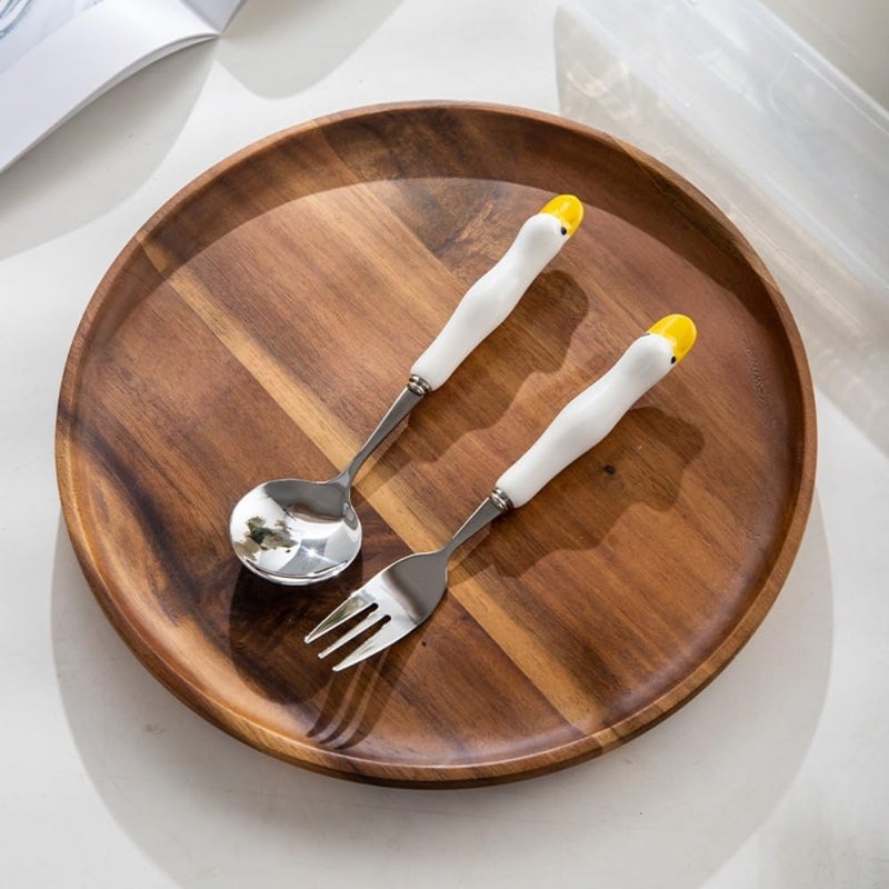 (8 Pieces) 6.69 Inch Cartoon Ceramic Stainless Steel Spoon Fork Cute Duck Stainless Steel Spoon Dessert Spoon Home Coffee Tea Spoon Fruit Fork (White cat) - Image 4
