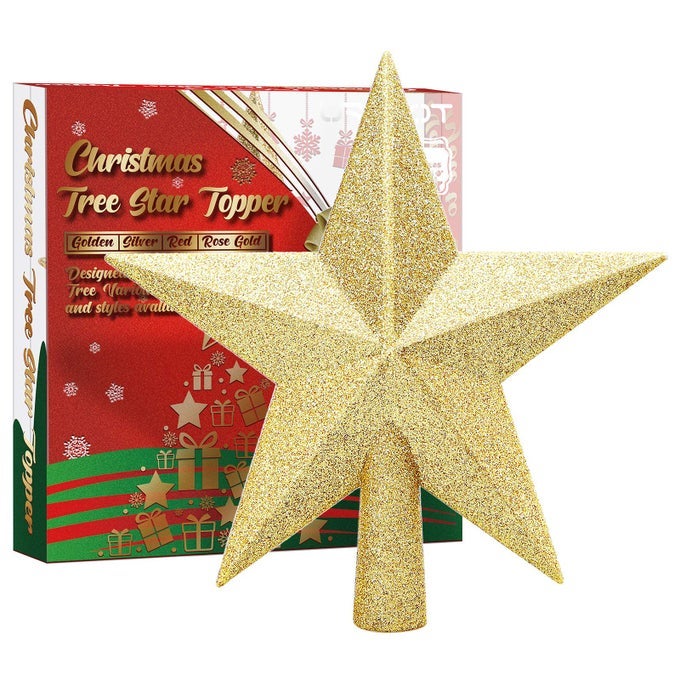 GLITTERED CHRISTMAS STAR TREE TOPPER CHRISTMAS DECORATIVE HOLIDAY TREETOP SHATTERPROOF STAR ORNAMENT FOR HOLIDAY CHRISTMAS TREE DECORATION GOLD 6 INCH