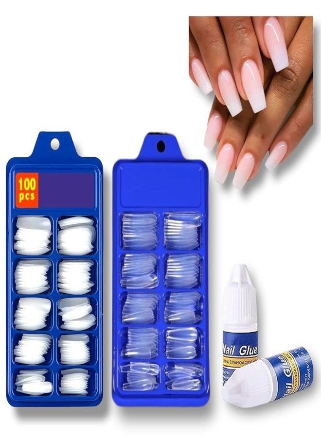 Mf Professional 200-Piece Artificial Nails Set - 100 White & 100 Transparent with 2 Nail Glue Combo - Nail Salon Quality - Image 2