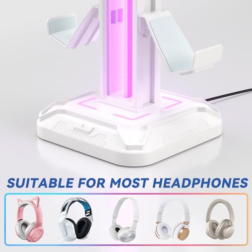 KDD حامل سماعات KDD RGB مع 9 أوضاع إضاءة - حامل وحدة تحكم للمكتب - حامل سماعات دوار و خطاف وحدة تحكم قابل للفصل لملحقات سماعات الكمبيوتر (أبيض) - Image 5