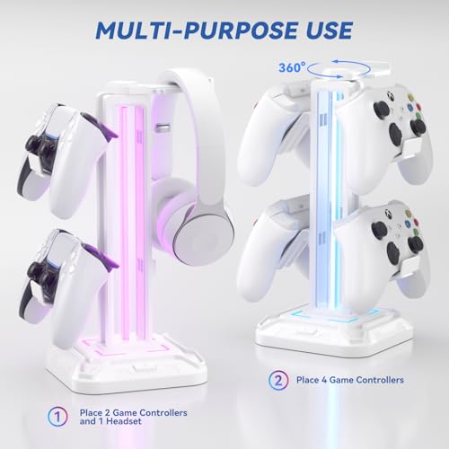 KDD حامل سماعات KDD RGB مع 9 أوضاع إضاءة - حامل وحدة تحكم للمكتب - حامل سماعات دوار و خطاف وحدة تحكم قابل للفصل لملحقات سماعات الكمبيوتر (أبيض) - Image 4